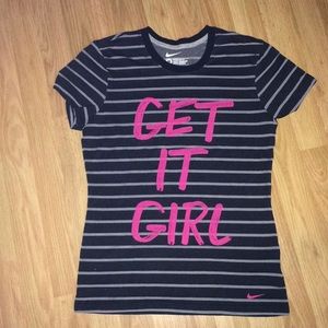 Nike tee black/gray stripe pink "get it girl" Med